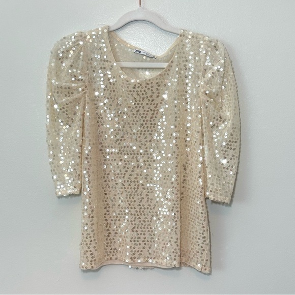 Zara Sequin Bubble Sleeve Top - Picture 1 of 3